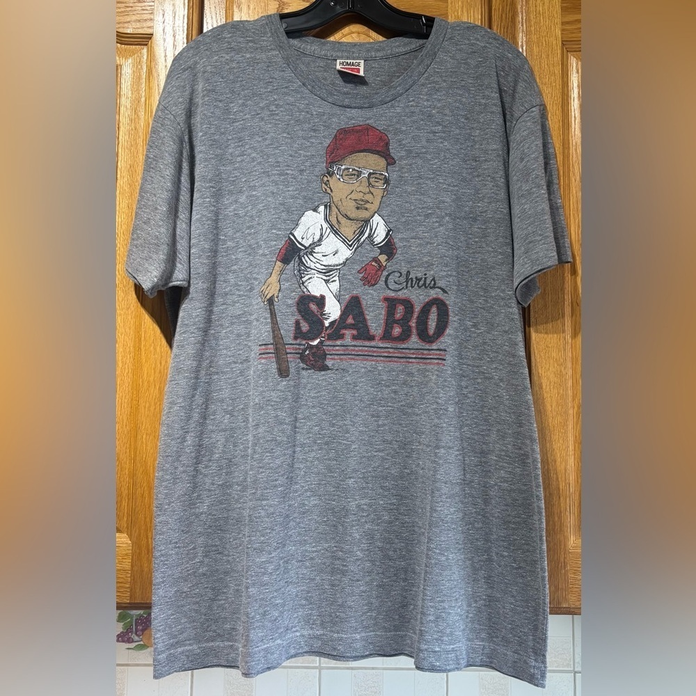 HOMAGE Chris Sabo Cincinnati Reds Single Stitch Gray Retro Vintage T-Shirt XL